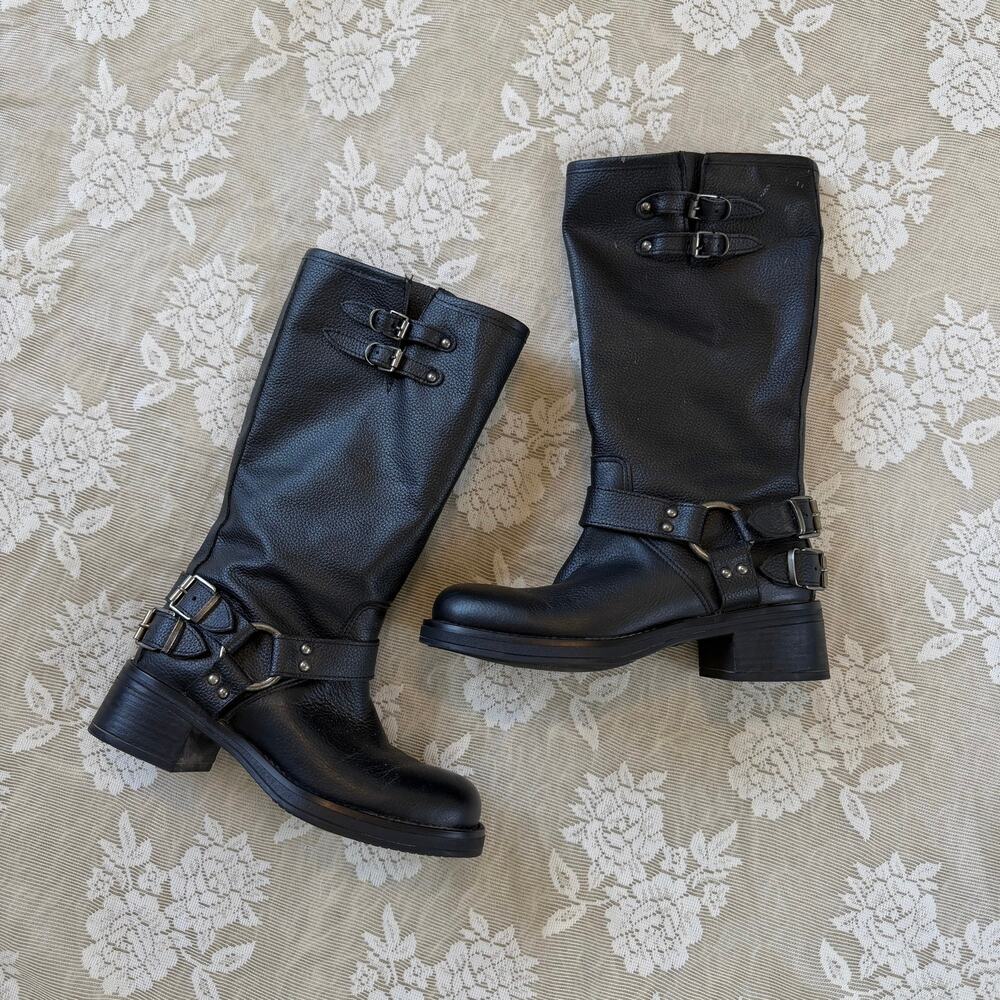 Steve Madden Astor Black Leather Buckle Moto Boots Size 6.5